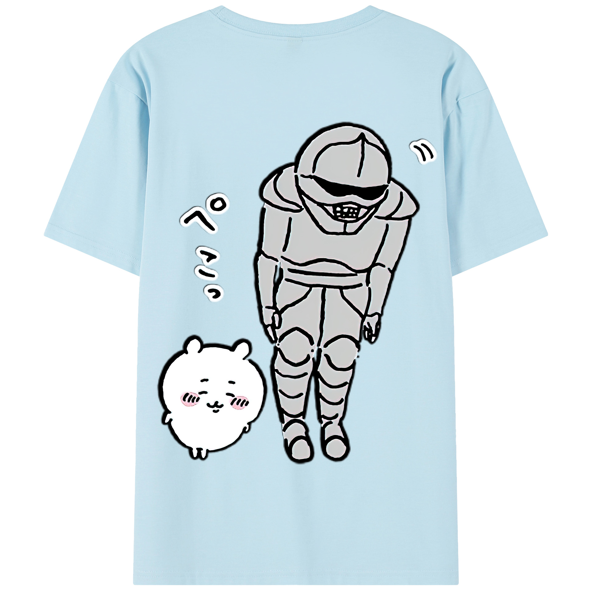 （画像用） ちいかわ 労働の鎧さん Chii-kawa Mr. Armor of Labor 綿100％半袖Tシャツ（背面プリント）